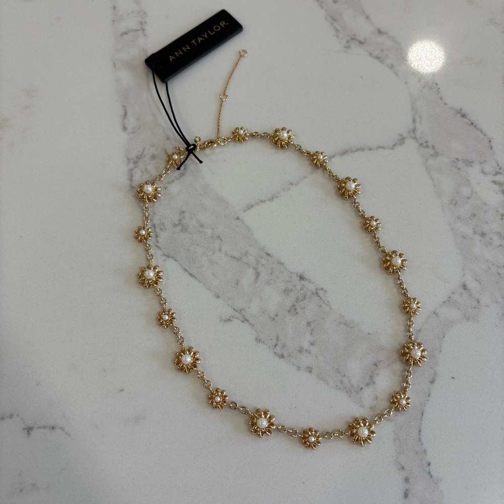 Ann Taylor Gold and Pearl Floral Chain Necklace